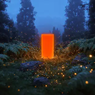 Orange monolith in a forest